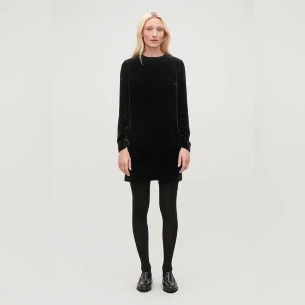 COS Dress Velvet Black Ruched Long Sleeve Rayon Silk Blend Shift - Picture 2 of 13